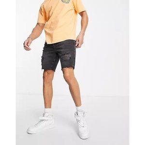 Topshop-men Ripped Slim Denim Shorts Washed Black Size-28 NWT